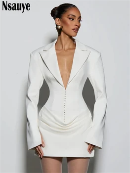 Nsauye Elegant Evening Short Dress Women Fall Long Sleeve Sexy Fashion Night Club Party White Mini Wrap Corset Dress 2025 Winter 1