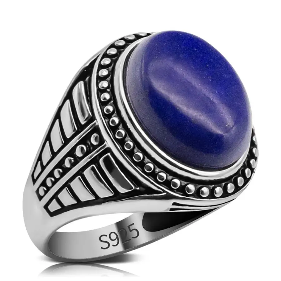 

Wholesale Original 925 Sterling Silver Rings for Men Vintage Natural Lapis Lazuli Stone Handmade Statement Wedding Male Ring