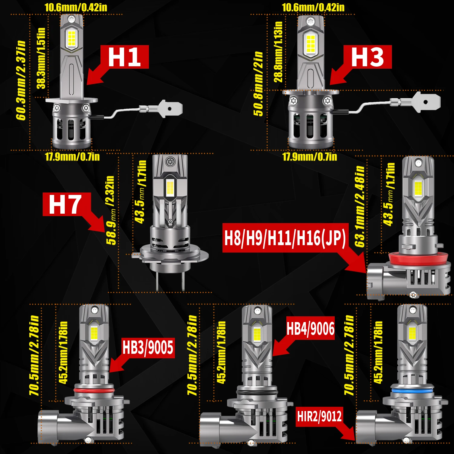 OXILAM 2Pcs 16000LM Canbus H11 LED Headlight Bulb 60W HB3 9005 LED HB4 9006  HIR2 9012 Error Free H8 Turbo LED 12V 6500K Mini H4