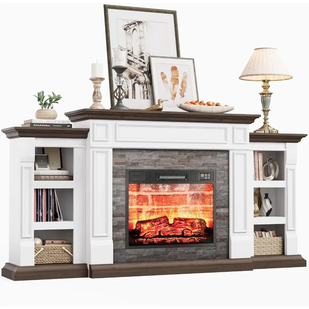 70" Electric Fireplace with Mantel and Cabinets, Fireplace TV Stand for Living Room Bedroom, Stacked Stone Surround 2