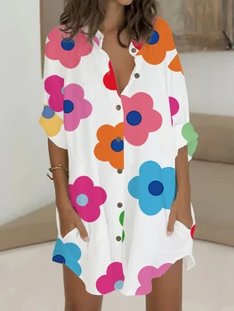 Plus Size 2025 Spring Summer New Floral Print Knitted Shirt Commuter Long Best Choice for Spring and Summer