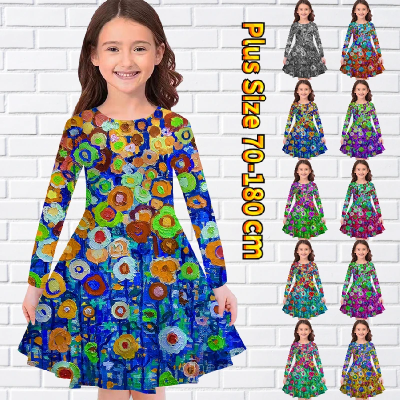 

Autumn Little Girl Daily Street Lovely Princess Skirt Winter Round Neck Print Knee-length Skirt 3D Painting Long Sleeve Skirt