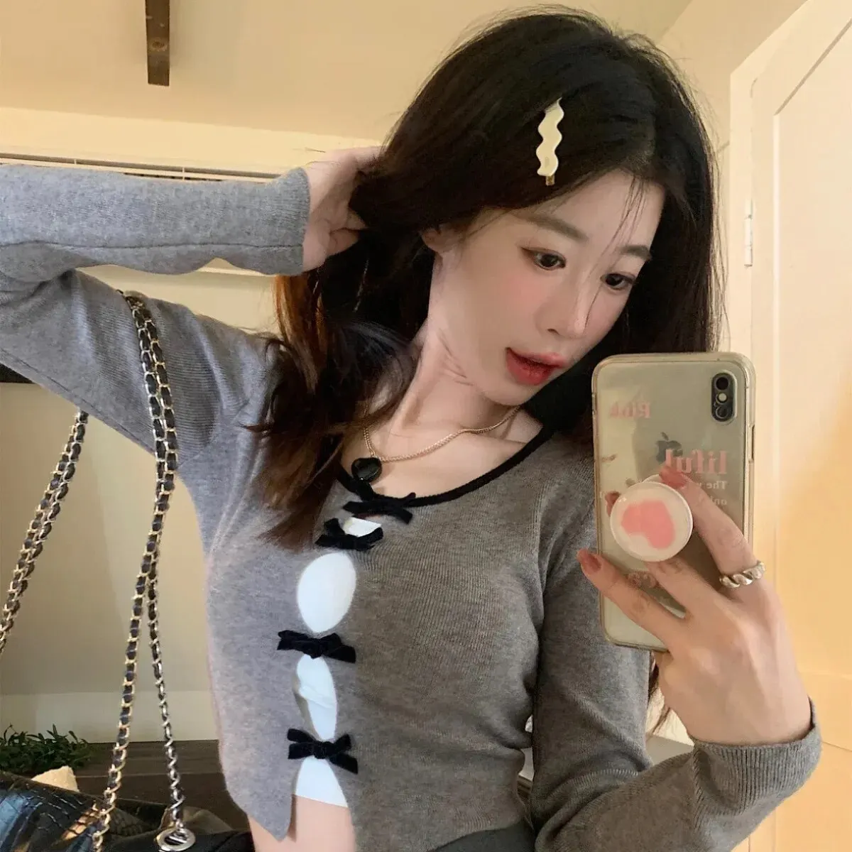 여성용 나비 매듭 라운드넥 긴팔 니트 셔츠, 하이웨이스트 슬림 탑, 트렌디한 귀여운 매콤한 소녀, 가을 할로우 디자인