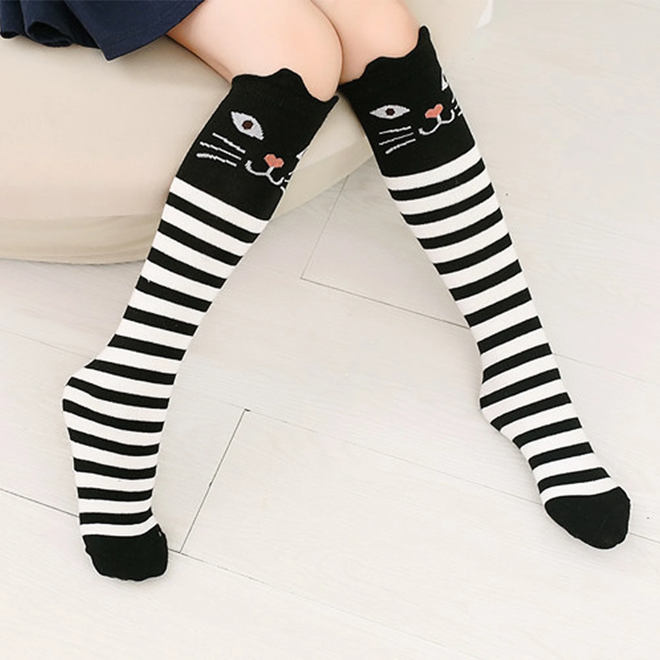 2 Pairs of Cat Striped Knee-High Socks for Girls