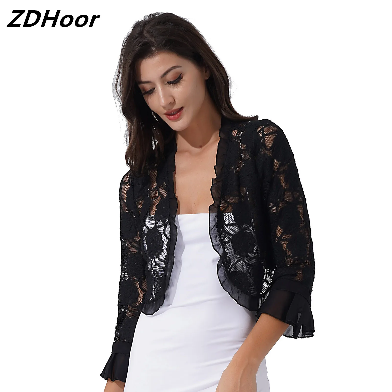 Womens Half Sleeve Bolero Cardigan Elegant Ruffle Open Floral Lace Shrug Shawl Wraps for Wedding Party Evening Dresses Cover Ups womens evening dresses cloak cardigan cape winter warm faux fur collar plush wraps knitting shawl