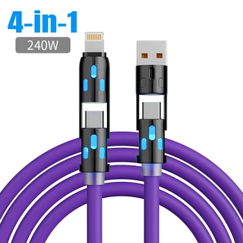 240W 4 in 1 Functional Super Fast Charge USB Type C Liquid Silicone Aluminum Alloy Data Cable For iPhone Huawei Samsung Xiaomi