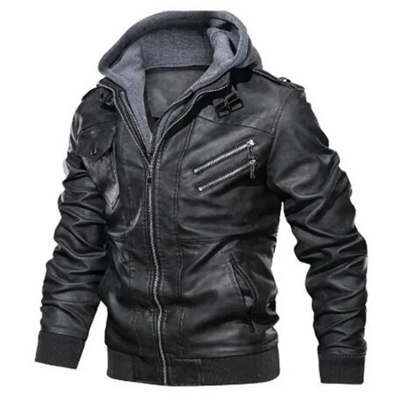 Leather Jackets Slim Casual Men Hooded Leather Coats New Fashion Male Street Wear Motorcycle Leather Jackets Hat Detachable 5XL