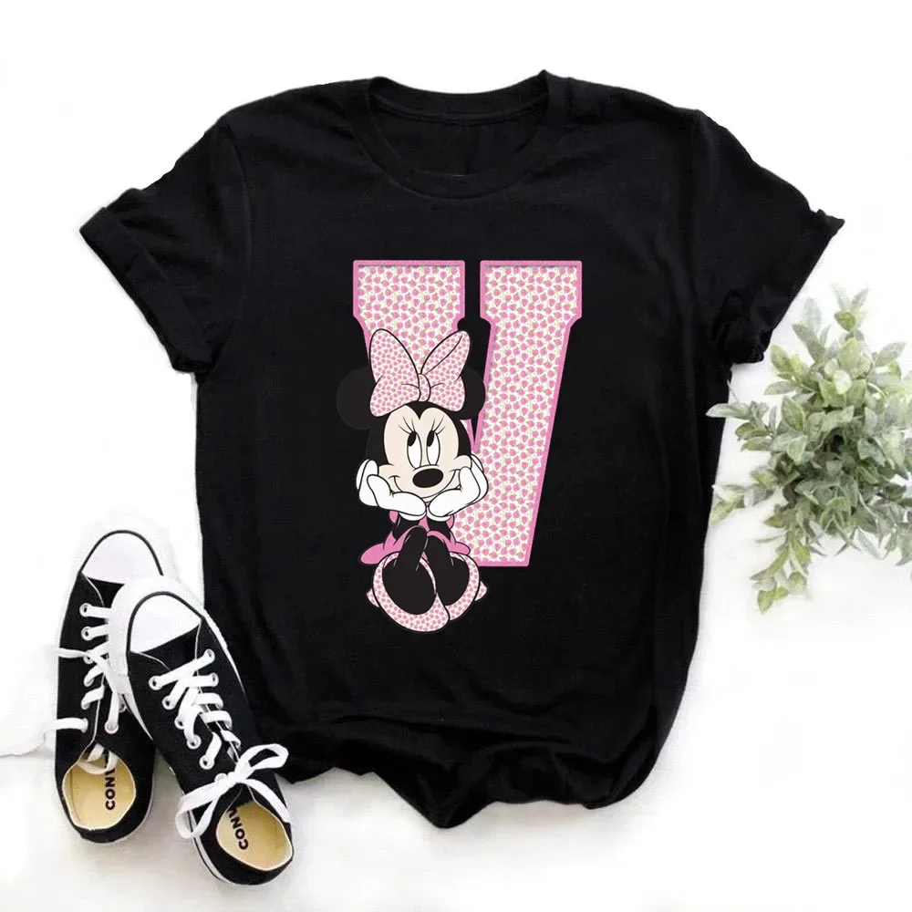 thumbnail image 1 of Camiseta de algodón para niños de Disney Minnie Mouse, divertida camiseta con estampado de 26 letras mayúsculas de la A a la Z, camisetas góticas para niñas, camisetas kawaii de verano, 1 of 5