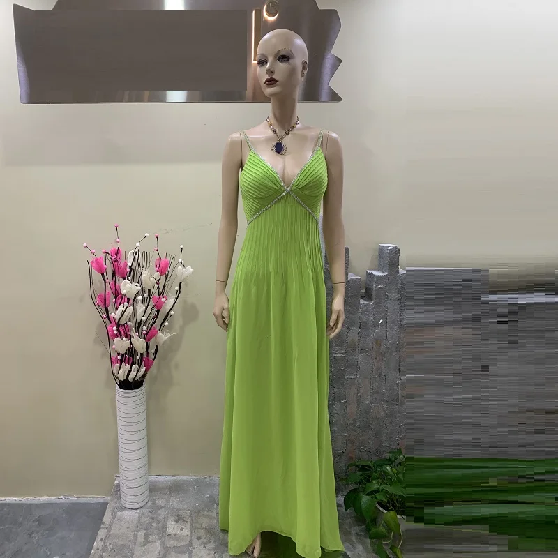 

New Style Diamonds Slim Sleeveless Party Dress Women Bandeau Low V Maxi Dress Sexy High Slit Green Dress Design sense