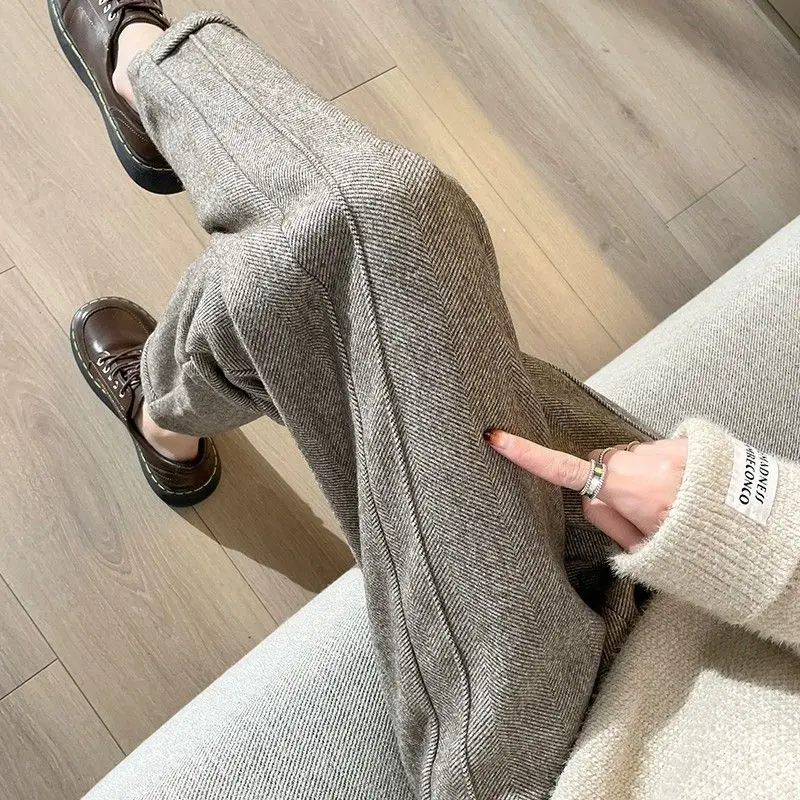 High Waisted Woolen Pants Women Fall Winter 2023 New Korean Fashion Straight Pants Office Ladies Ankle Length Trousers baggy jeans women high waist plus size mom ladies jeans trousers denim embroidery loose ankle length harem pants elastic waist