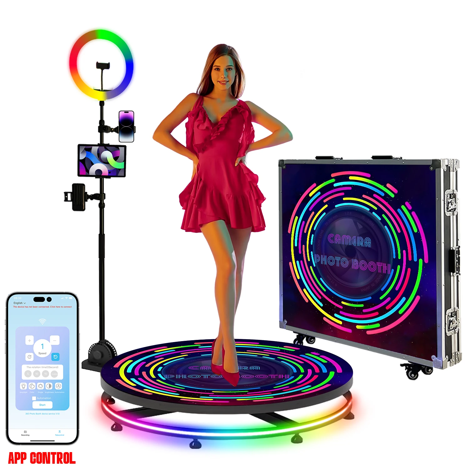휴대용 360 사진 부스, 자동 회전 셀카 360 카메라 사진 부스, 비행 케이스 포함, 웨딩 파티 이벤트 포장, 68cm