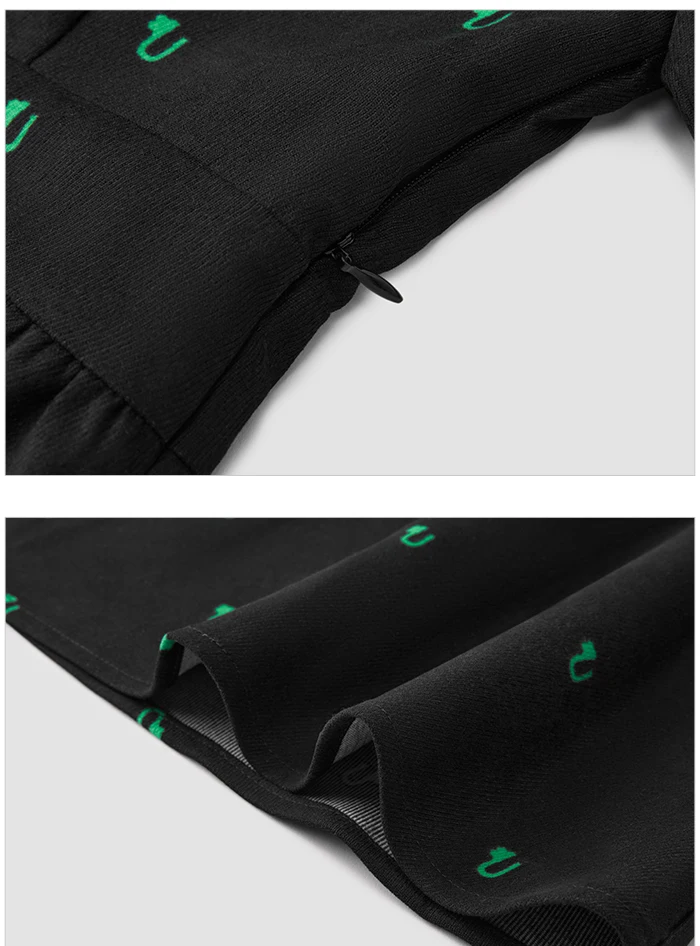 Vestido de mujer con mangas abullonadas y estampado completo, negro, de invierno, con solapa de encaje.