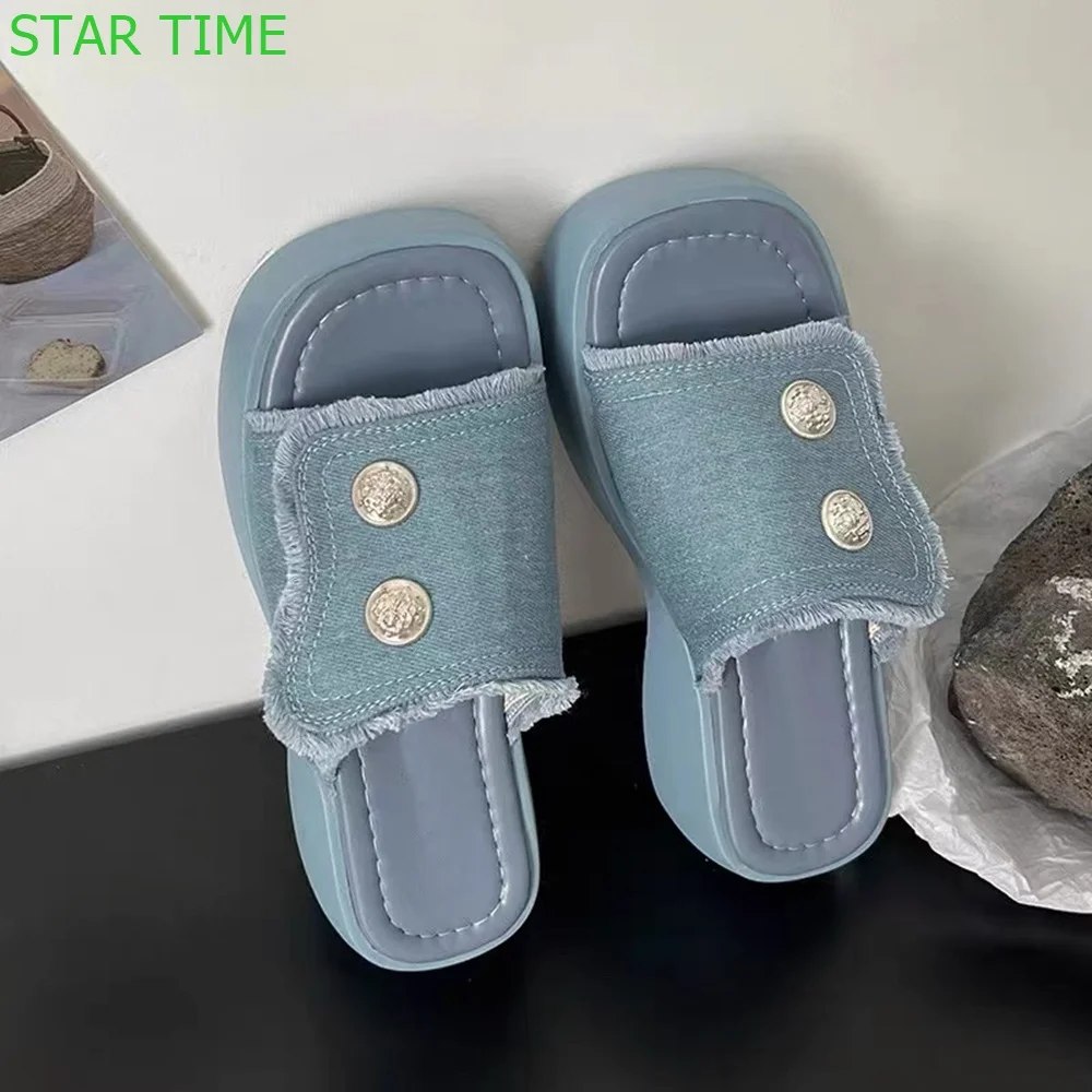 

Denim Thick Soled Roman Slippers Casual Open Toe Outdoor Beach Slides Slip On Fashion Women Slippers