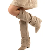 2025 New Style Metal Buckle Women's Knee High Boots Pointed Toe Crude Heel Solid Color Female Long Boots Quality Ladies Shoes 2