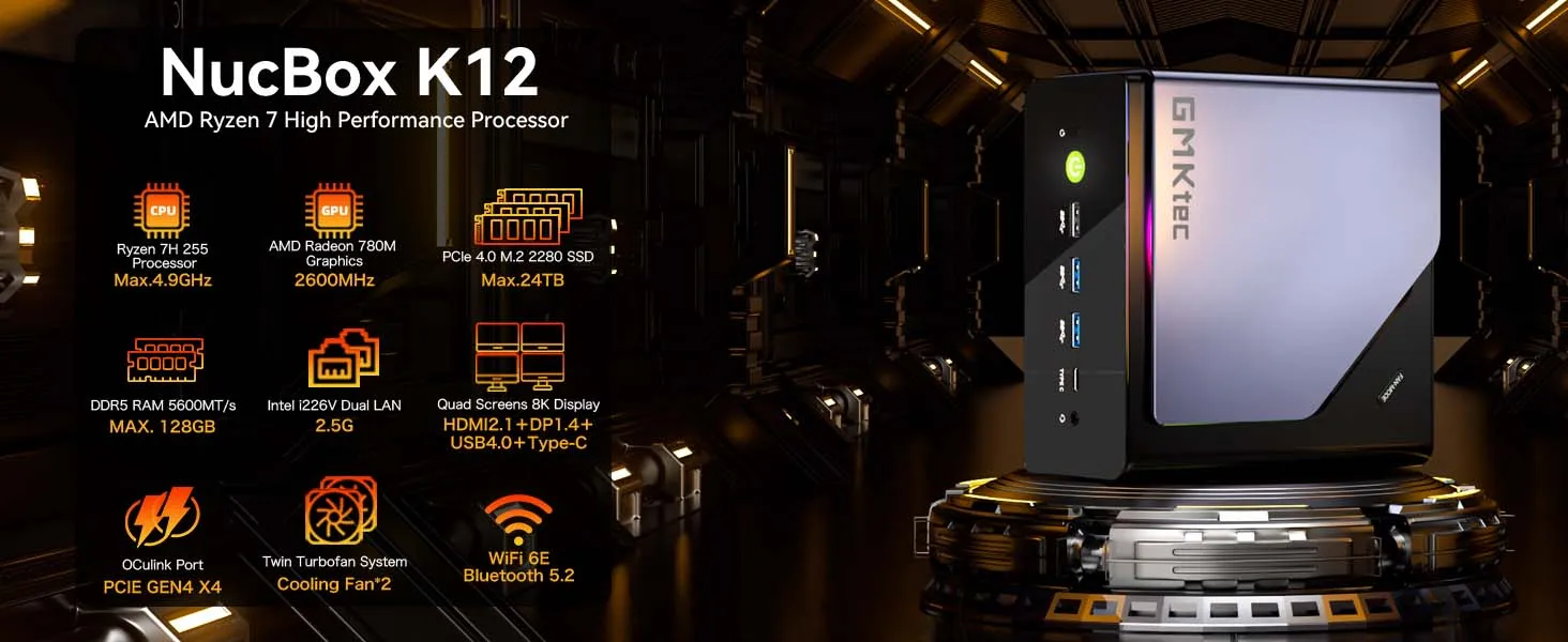 GMKtec NcuBox K12 MINI PC Ryzen 7 H255 DDR5 5600Mhz (até 64GB) PCIe4.0 ...