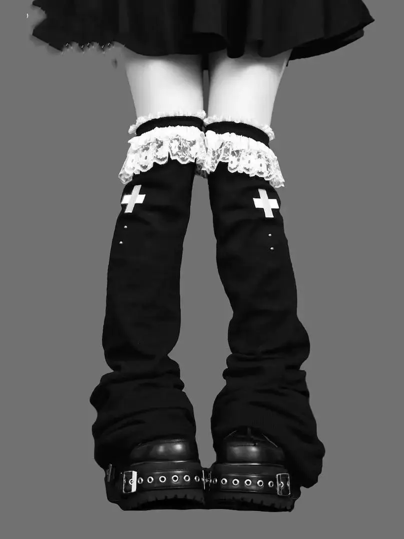Y2k – chaussettes évasées en dentelle, longueur aux genoux, chauffe-jambes Kawaii, Harajuku gothique Lolita pour femmes, couvre-jambes, bottes - AliExpress