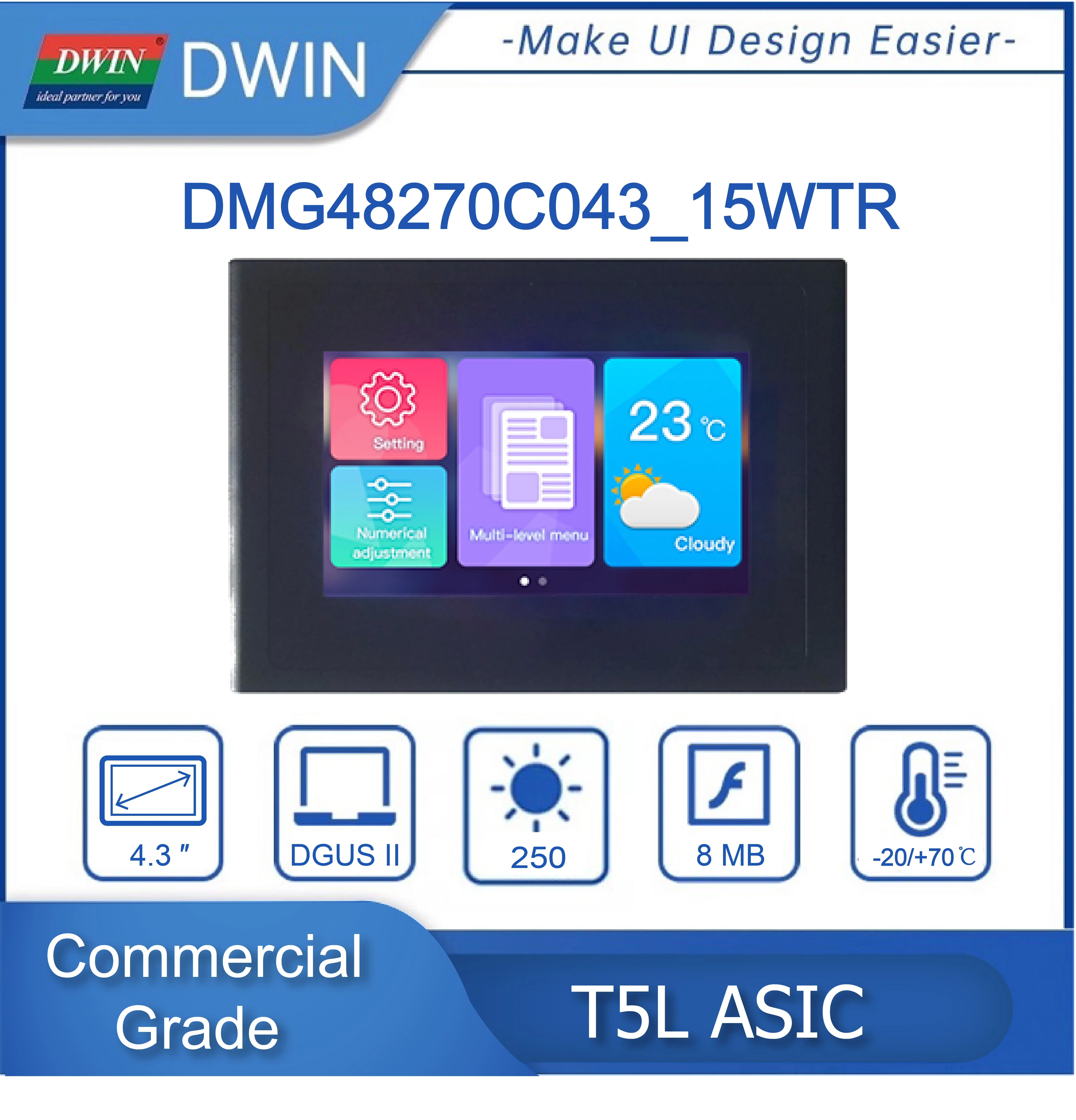 

DWIN 4.3 Inch 480*272 Resolution 262K Colors TV-TN-TFT-LCD Resistive Touch Screen With Shell HMI UART Port DMG48270C043_15WTR