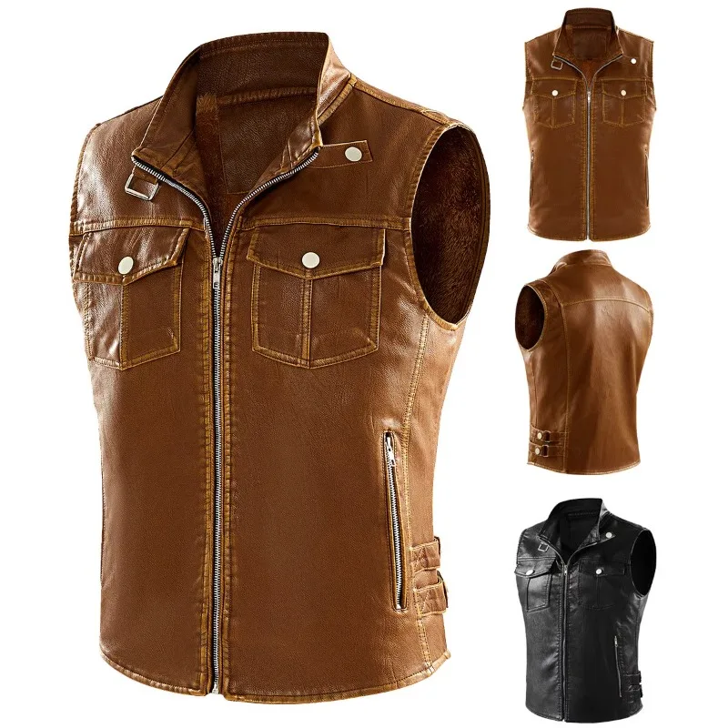 

Fashion brand men's motorcycle rider sleeveless jacket leather jacket plush cycling suit casual jacket