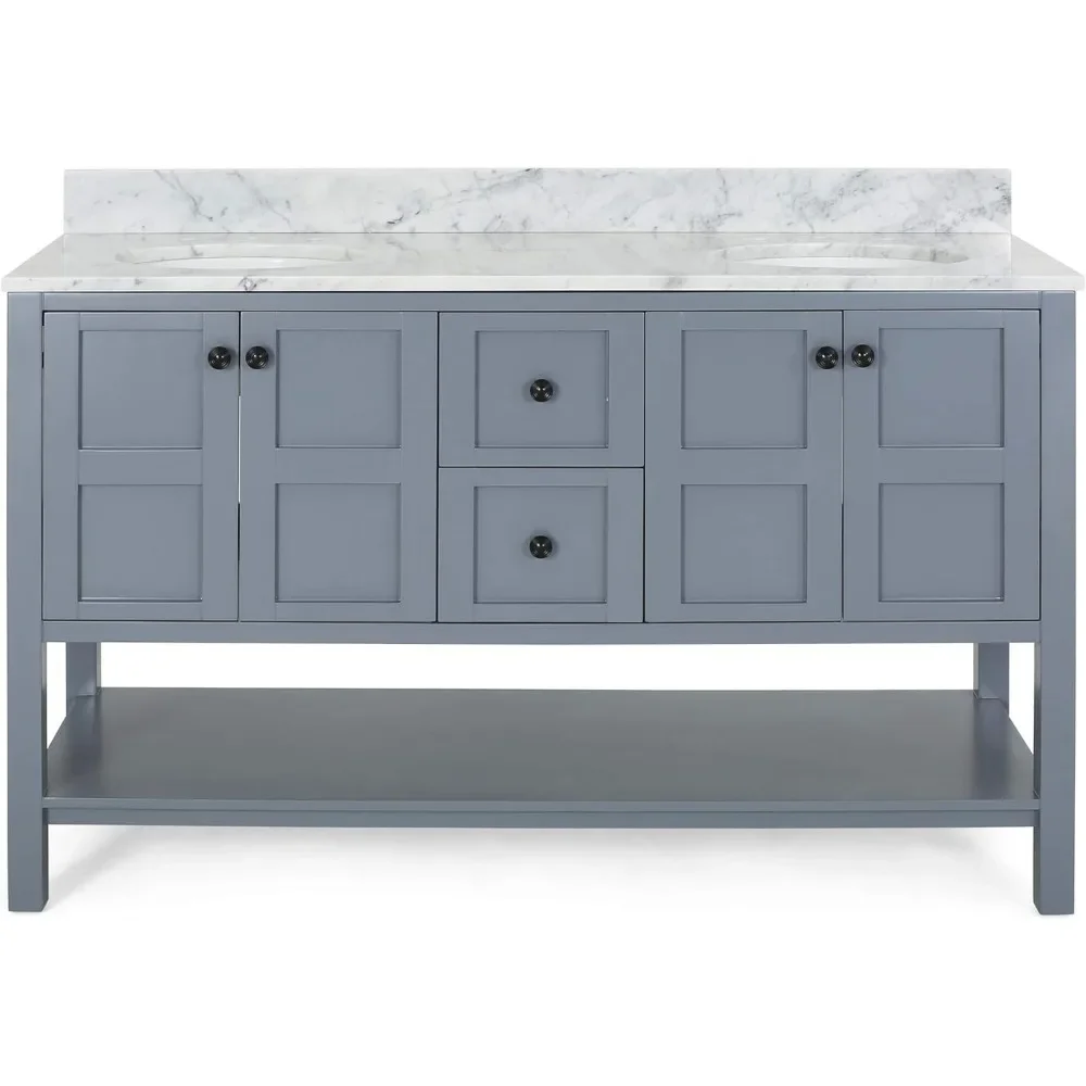 61" Bathroom Vanity with Two Sinks Double Bathroom Vanity with Marble Top, 4 Doors, 2 Drawers, for Bathroom，No Mirror (Grey) 5