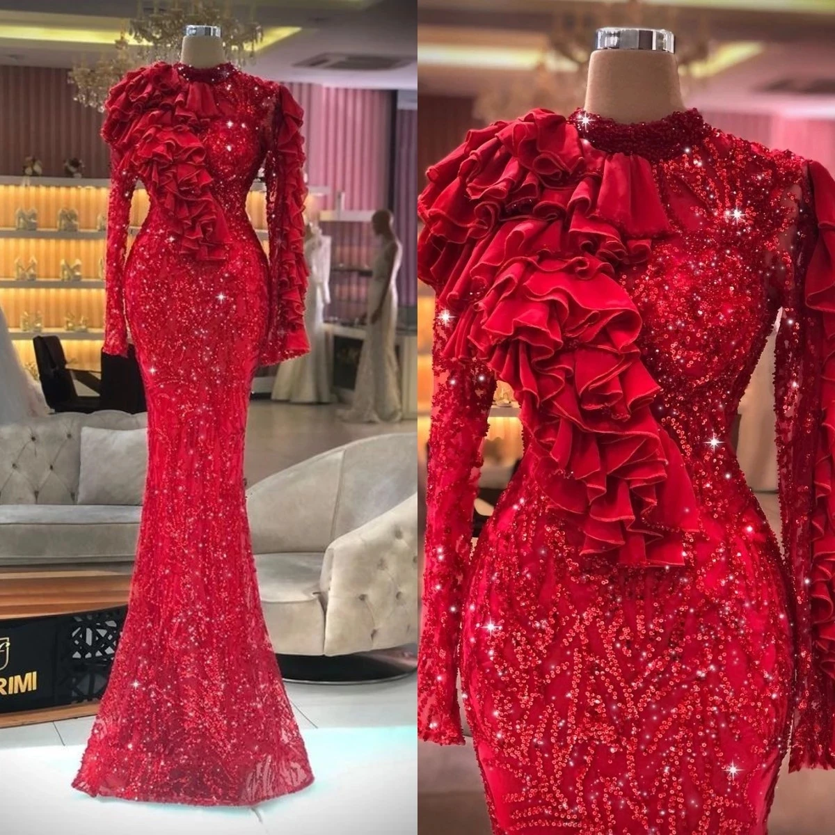 

Amazing Red High Neck Evening Dress Mermaid Ruffles Long Sleeves Prom Gowns Crystals Beads Sequins Party Dresses Custom Made