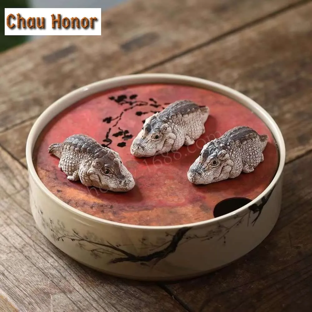Chinese Yixing Purple Clay Tea Pet Lucky Crocodile Statue Ornaments Tea Play Figurine Desktop Crafts Zisha Tea Set Decoration