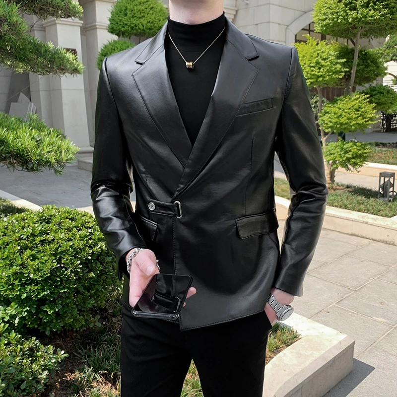 

Boutique Men Fashion Business Leather Handsome Casual Gentleman Korean Version of British Style Wedding Elegant Host Blazer