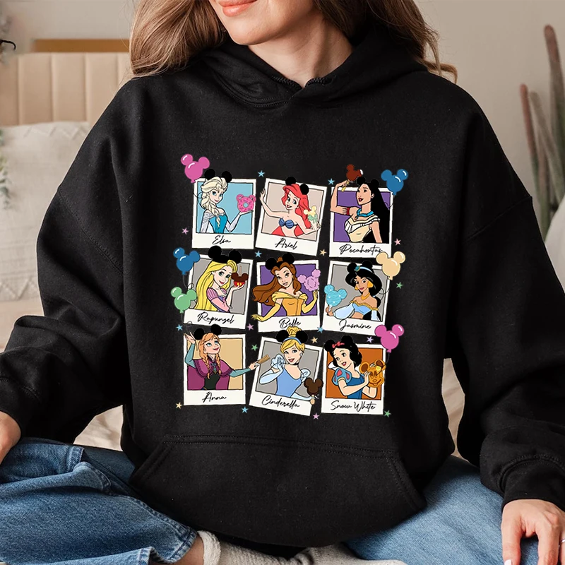 Disney Princess Cinderella Elsa Little Mermaid Ariel Snow White Print Women's Hoodie Casual Sweater Loose Top 2