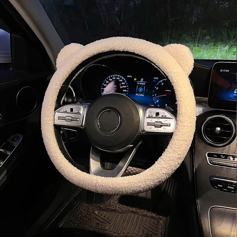 Winter Warm Plush Bear Ear Steering Wheel Cover - Soft Cartoon Design, 38cm