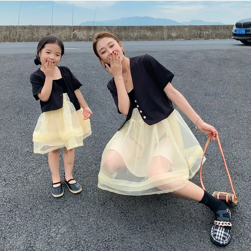 

Summer Family Matching Clothing Set Fashion New Short Sleeve Blazer Sling Dress Mother Daughter 2pcs Clothes Suits Family Look
