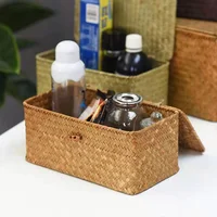Wicker Rattan Woven Storage Basket Daily Home Wardrobe Clothing Grocery Laundry Basket With Lid Desktop Cosmetics Storage Box 1