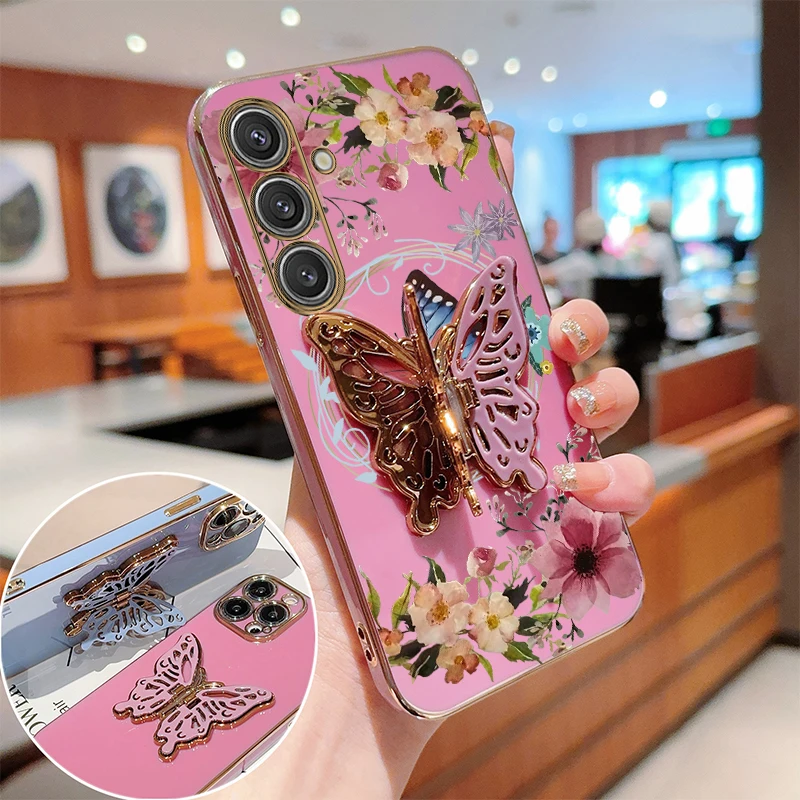 Elegant Flower Butterfly Plating Phone Case with Holder