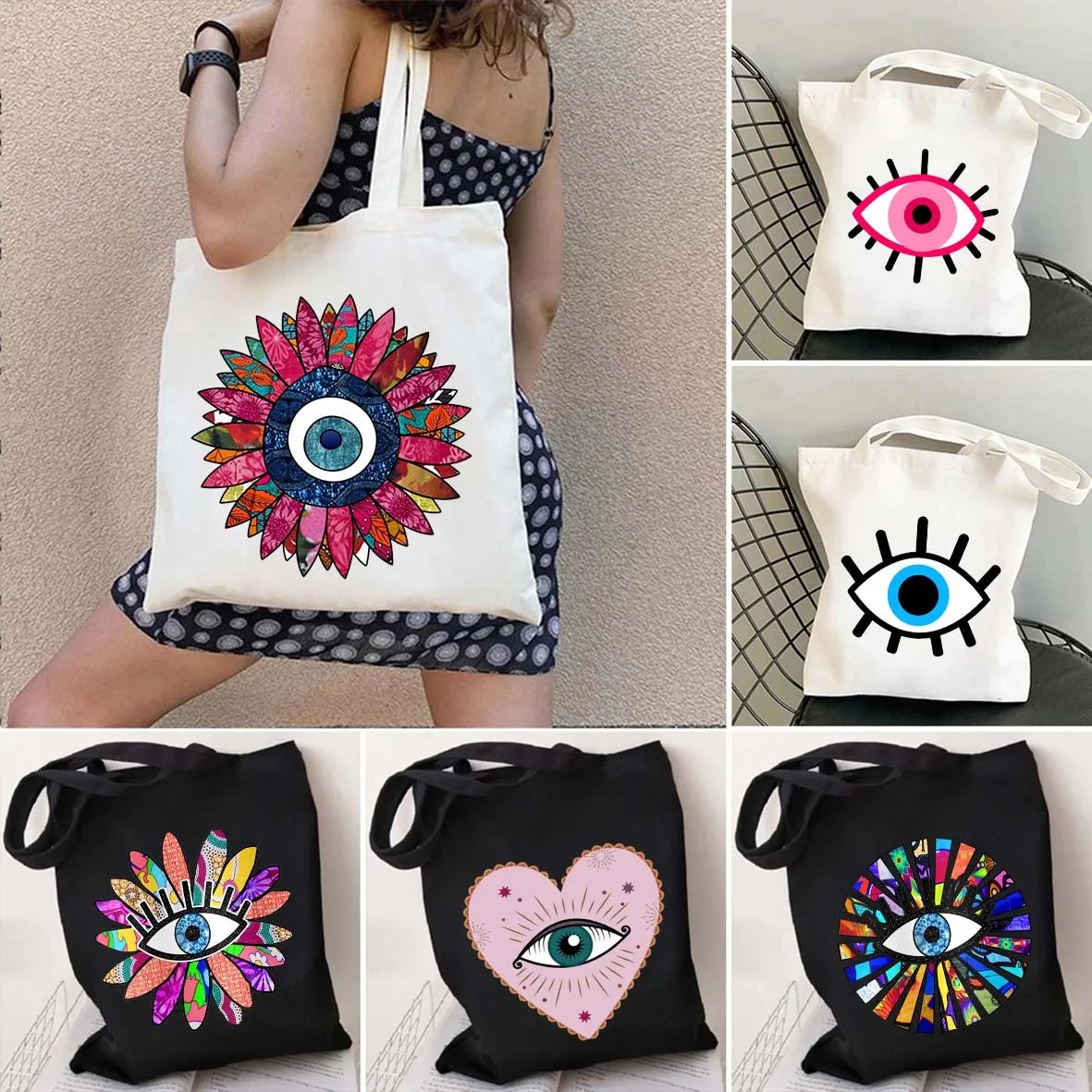 

Colorful Greek Nazar Evil Eyes Love Heart Lotus Graffiti Pink Red Blue Flower Cotton Shoulder Canvas Totes Bag Shopping Handbags