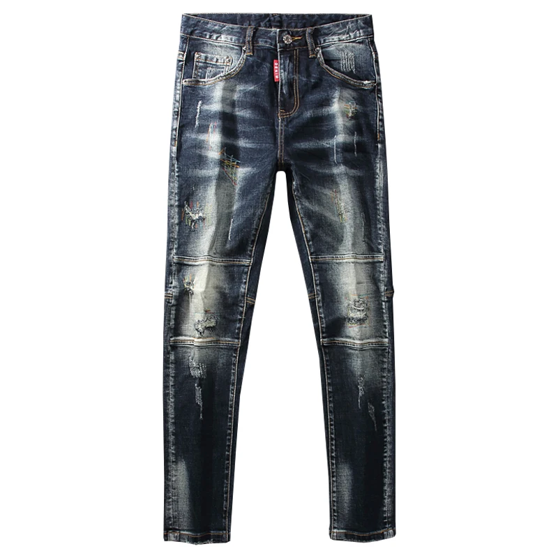 Streetwear Fashion Men Jeans Retro Black Blue Elastic Slim Fit Ripped Spliced Designer Embroidery Hip Hop Denim Pants