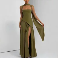 Suninheart Green Dress Women's Evening Dress with Scarf - Lace Up Back High Slit Party Maxi Bodycon Dress for Vacation Wedding