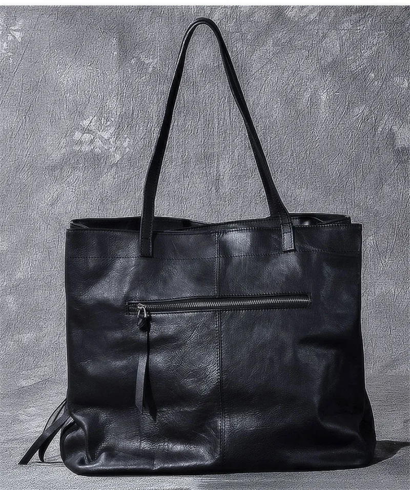 Genuine leather large capacity black tote bag luxury men's handbag designer casual real cowhide women's work travel shoulder bag
