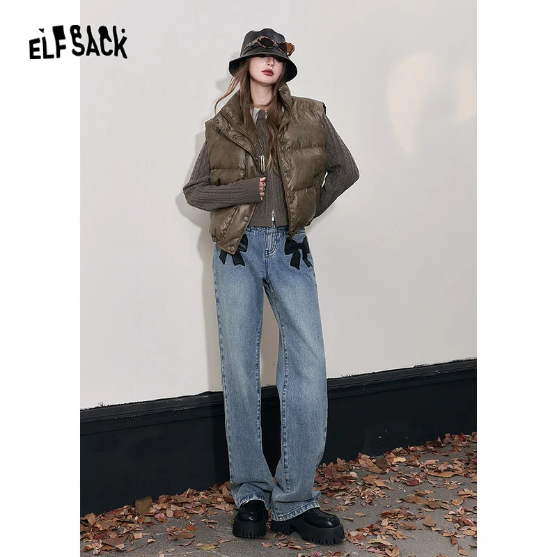 ELFSACK Brown PU Down Vest Women 2023 Winter Retro Warm Outwears