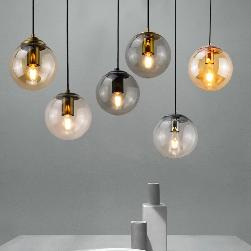 

Modern Simple Glass Pendant lamp Bar Counter Restaurant Gold Chandelier Silver Metal Amber Ashtray Ball Glass Suspension Lamp