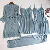 Blanc 5 pièces ensemble de sommeil Pyjamas dame dentelle Satin Pyjamas Kimono robe de bain vêtements de nuit amples maison vêtements col en v vêtements de nuit décontractés