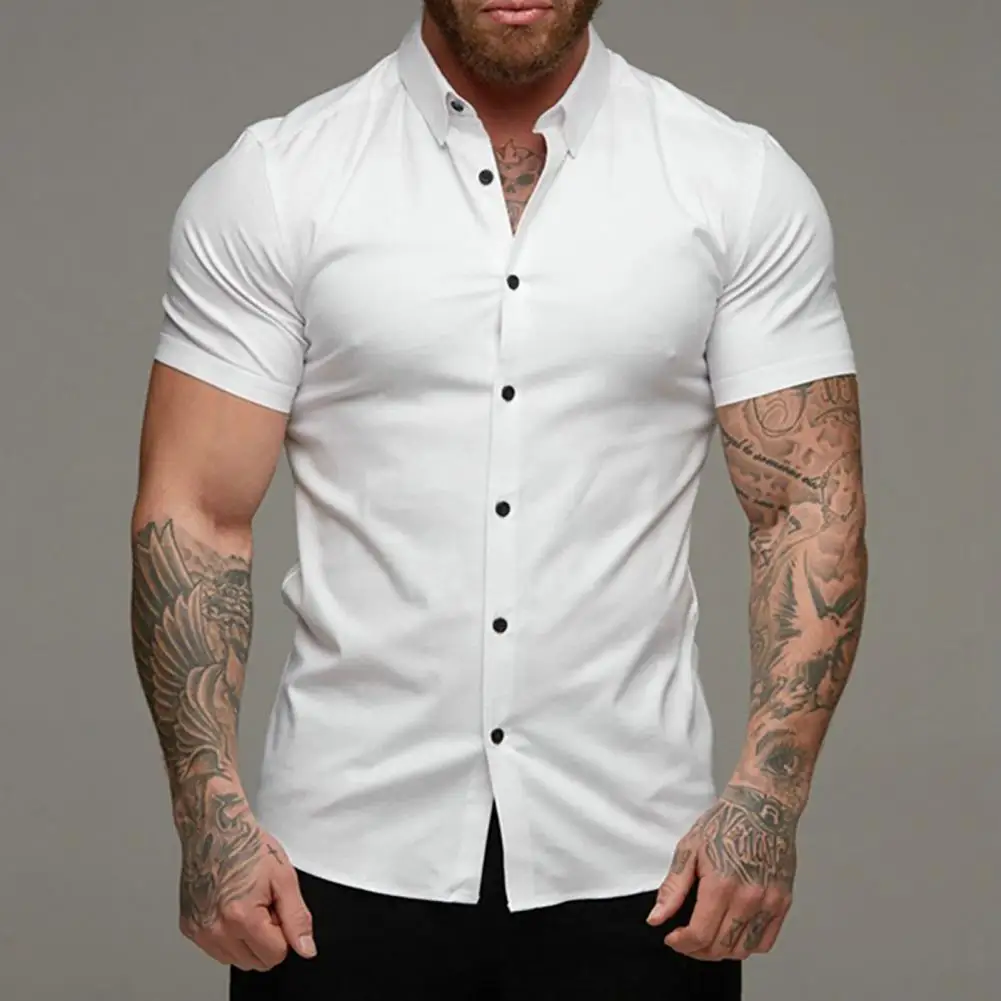 Summer Fashion Short Sleeve Shirt Men Solid Super Slim Fit Male Social Business Dress Shirt Brand Men Gym Fitness Sport Clothing
