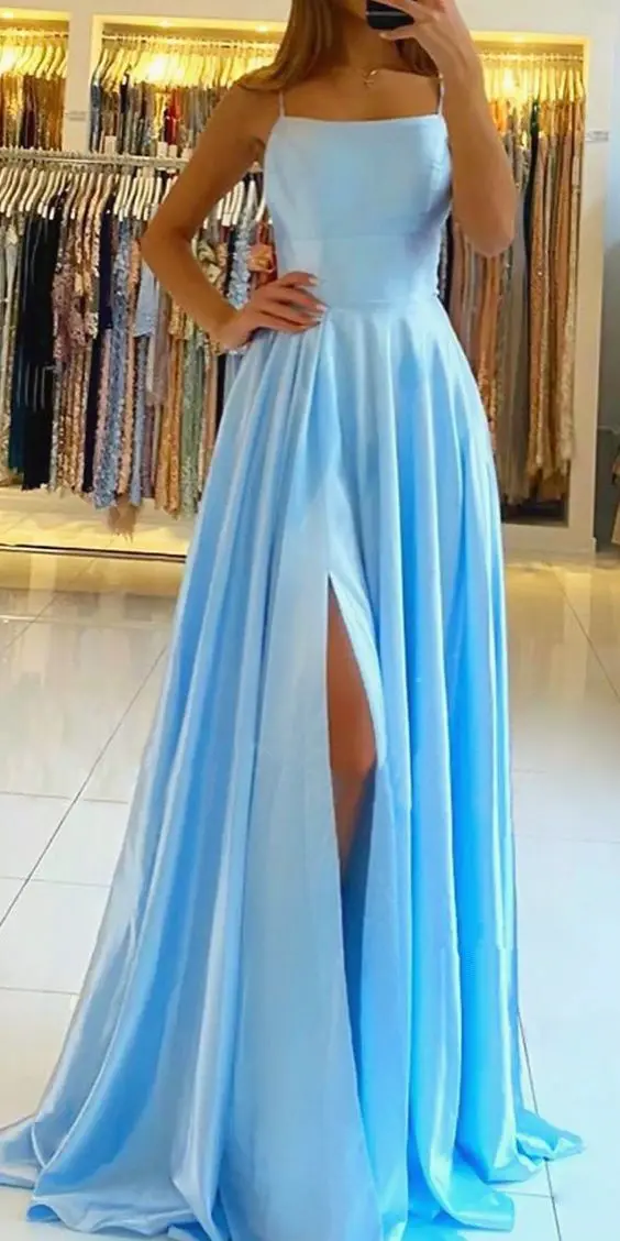 gold prom dress Simple Prom Dresses Spaghetti Straps Side Split A-line Homecoming Party Dress plus size prom & dance dresses Prom Dresses