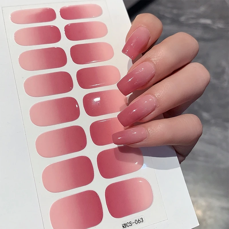 14/16Tip Semi Cured Wrap Gradient Nail Sticker Multi Color Solid Gel Full Cover Slider No Need UV Lamp Cured Fast Gel Nail Decal