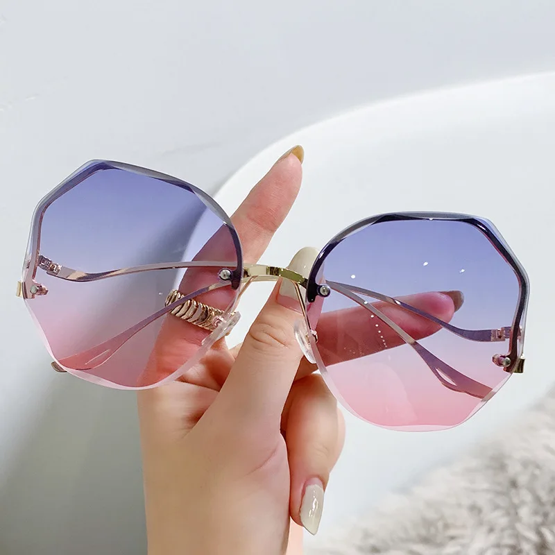 Irregular Round Sunglasses Women Brand Designer Gradient Fashion Sun Glasses Female Rimless Metal Curved Temples Oculos_voghion.com