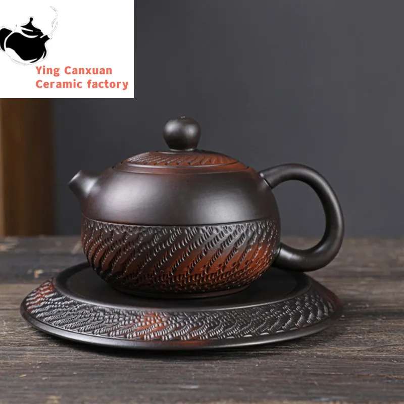 

Purple Pottery Teapot Hand-embossed Imitation Purple Clay Tea Pot Chinese Tea Set Supplies Customized Ball Hole Filter Kettle