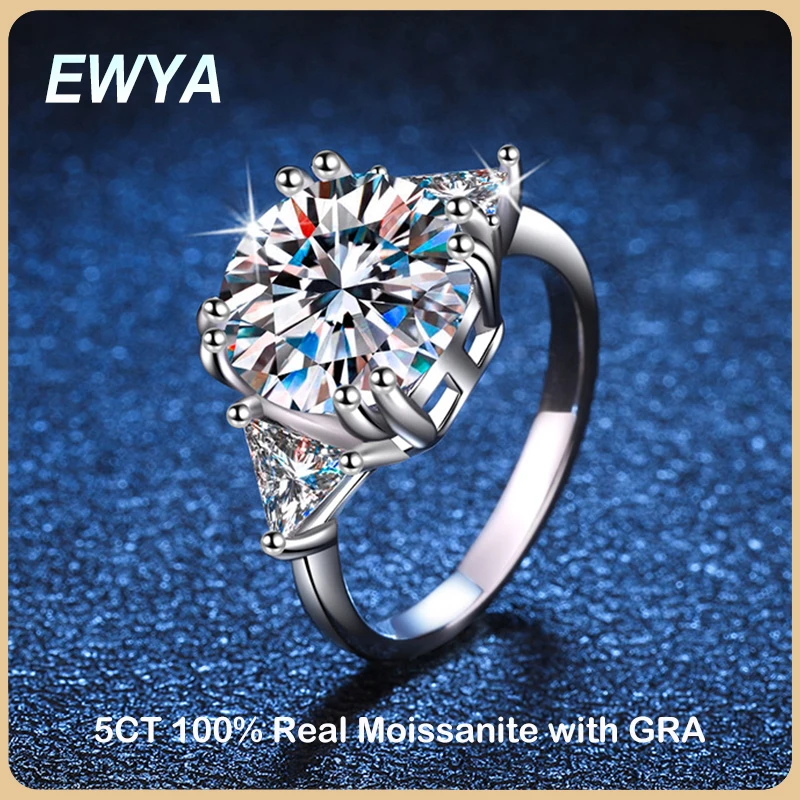 

EWYA Luxury 5CT GRA Certified D Color Moissanite Ring For Women Girl Diamond 925 Sterling Silver Rings Wedding Band Fine Jewelry