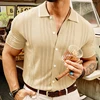 Men's Light Luxury Business Leisure Knitted Polo Shirt Buttoned Popular Retro Solid Color Short Sleeve Cardigan Fashion Knitwear 4