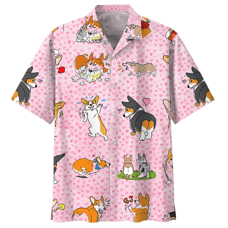 Cartoon Corgi Dog Graphic Hawaiian Shirt For Men Summer 3d Printed Animal Pets Short Sleeves Street Tops Lapel Button Blouse 3