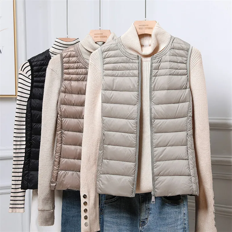 

Autumn Winter O Neck Warm Down Waistcoat Jacket Women Ultra Light White Duck Down Vest Parkas Ladies Sleeveless Short Tank Coat
