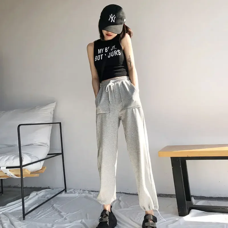 Women's Fashion High Waist Ankle Length Jogging Pants 2024 Sport Drawstring Pant Female Plus Size Casual Straight Trousers Lady