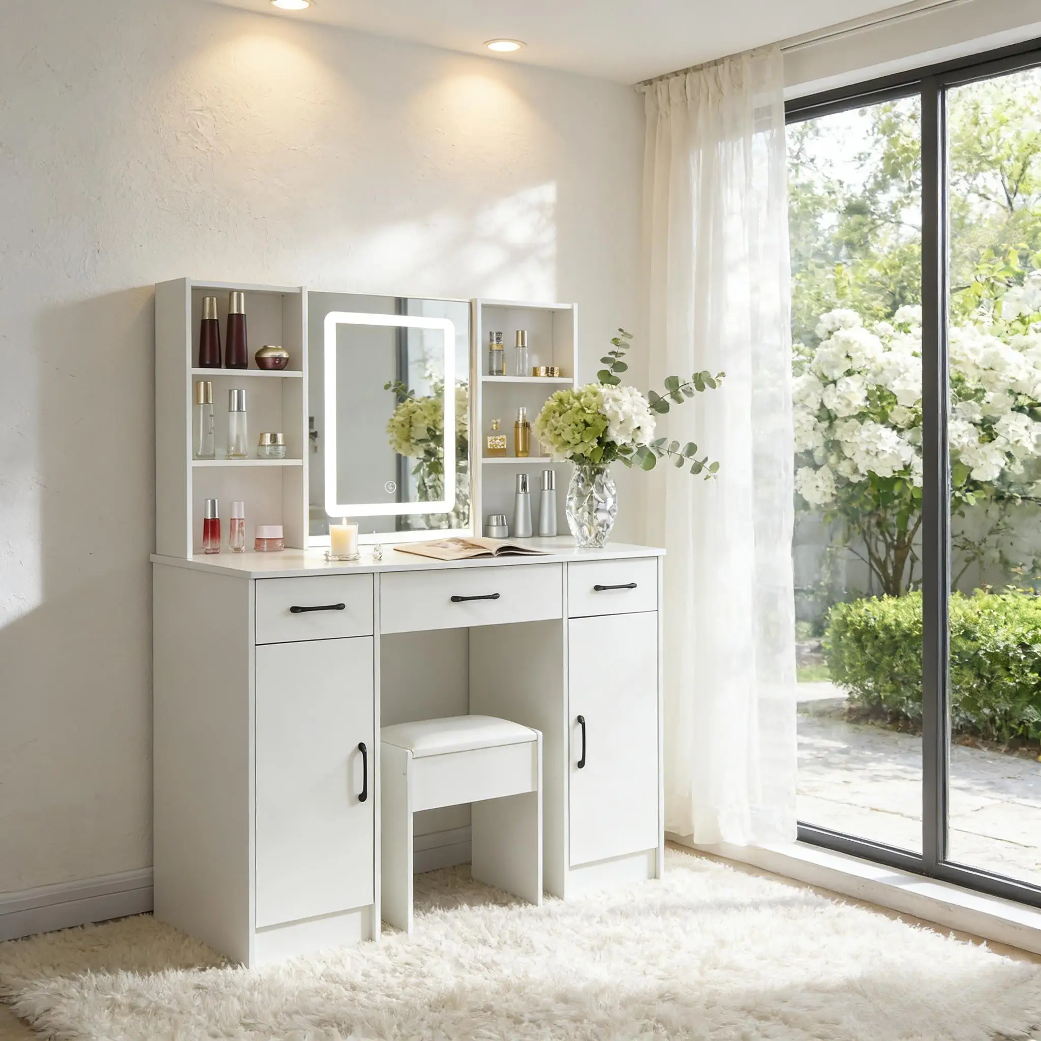 White Nordic Led Vanity Set with Lighted Mirror, 3 Drawers & Stool, 3 Color Dimmable, Easy Assembly Makeup Dressing Table