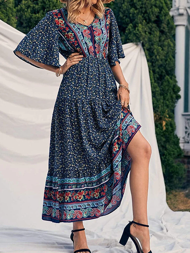 

Bohemian Beach Long Dress Women Clothes Summer Button V-neck Flared Sleeves Dresses Boho Hippie Chic Maxi Dress Vestidos